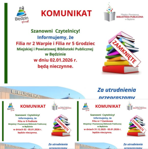 Komunikat dot. zmian godzin pracy wybranych filii w dniu 2 i 5 stycznia 2026 r.